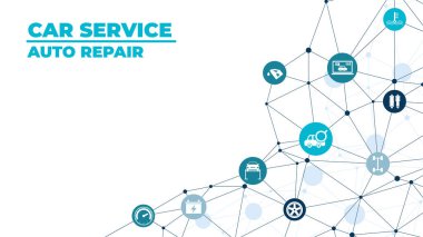 Araba ve oto tamir vektör çizimi. Araba servisi ve teftiş, motor kontrolü, yağ değişimi, otomotiv bakımı, araç veya otomobil tamirhanesi ile ilgili simgelerle kavram.