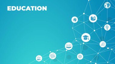 Eğitim ikonu kavramı: okul, üniversite, birbirine bağlı semboller eğitimi - vektör illüstrasyonu