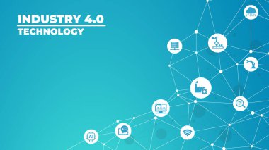 Smart Industry 4.0 konsepti. Fabrika otomasyonu. Özerk endüstriyel teknoloji. Sanayi devrimleri basamakları. Vektör illüstrasyonu.