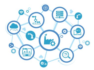 Smart Industry 4.0 konsepti. Fabrika otomasyonu. Özerk endüstriyel teknoloji. Sanayi devrimleri basamakları. Vektör illüstrasyonu.