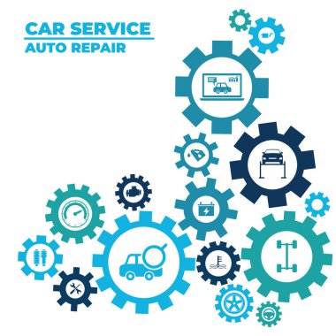 Araba ve oto tamir vektör çizimi. Araba servisi ve teftiş, motor kontrolü, yağ değişimi, otomotiv bakımı, araç veya otomobil tamirhanesi ile ilgili simgelerle kavram.