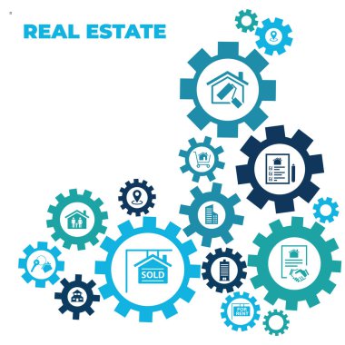 Real estate vector illustration. Concept with connected icons related to property sales and listings, realtor agency and contractor, residential property, investment, housing project