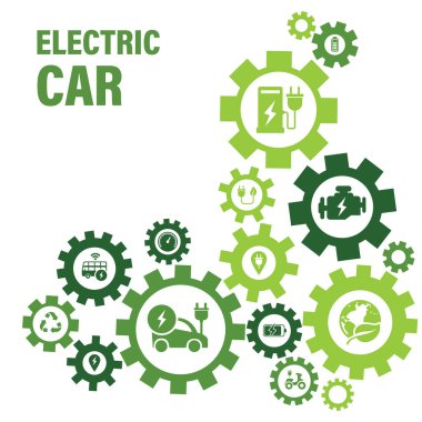 Elektrikli araç şarj istasyonu ile vektör mockup. Şarj, pil gücü ve fişi ile elektro araç şekil Icon set.