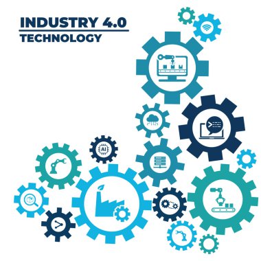 Smart Industry 4.0 konsepti. Fabrika otomasyonu. Özerk endüstriyel teknoloji. Sanayi devrimleri basamakları. Vektör illüstrasyonu.