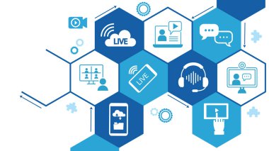 Canlı yayın arkaplanı, çevrimiçi video akışı simgesi, dünya dijital internet TV pankartı tasarımı