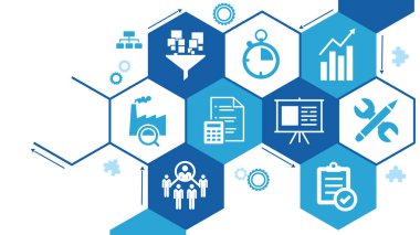 Operasyon yönetimi vektör illüstrasyonu. Organizasyon, proje planlama ve strateji, malzeme akışı, girdi ve çıktıyla ilgili mavi kavram