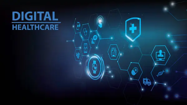 Dijital sağlık hizmetleri, akıllı sağlık araçları ve tıp vektörü illüstrasyonunda iot teknolojisi. Tıbbi büyük veriler ve bulut uygulamaları etrafında kavram, 