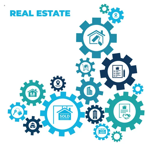 Real estate vector illustration. Concept with connected icons related to property sales and listings, realtor agency and contractor, residential property, investment, housing project