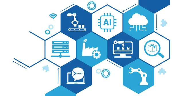 Smart Industry 4.0 konsepti. Fabrika otomasyonu. Özerk endüstriyel teknoloji. Sanayi devrimleri basamakları. Vektör illüstrasyonu.