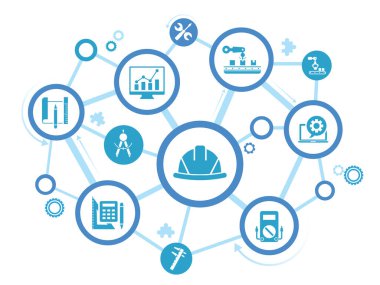 Endüstriyel mühendislik vektör çizimi. Sanayi, mühendis şapkası, otomasyon ve bir fabrikaya entegrasyon süreci.