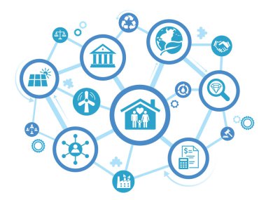 Banner ESG - Çevre, Sosyal ve Kurumsal Yönetim. Bilgi pankartı, bu şirketin ikonların çevresel, sosyal ve yönetim sorunlarını çözmedeki rolünü hatırlatmak için arıyor. Vektör