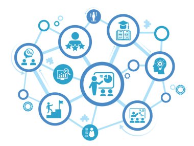 Banner Eğitim konsepti. eğitim simgeleri, sunum, seminer, video konferansı