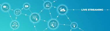 Canlı yayın arkaplanı, çevrimiçi video akışı simgesi, dünya dijital internet TV pankartı tasarımı