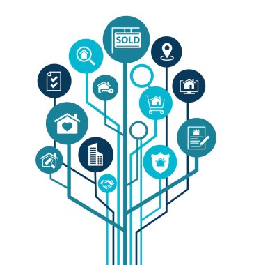 Real estate vector illustration. Concept with connected icons related to property sales and listings, realtor agency and contractor, residential property, investment, housing project