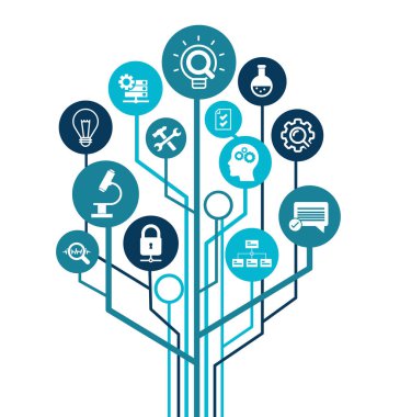 Araştırma geliştirme vektör illüstrasyonu. Proje yönetimi, ürün tasarımı veya mühendisliği ile ilgili bağlı simgelerle kavram, iş geliştirme