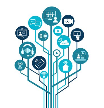 Canlı yayın arkaplanı, çevrimiçi video akışı simgesi, dünya dijital internet TV pankartı tasarımı