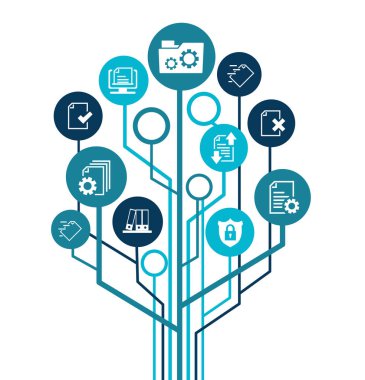 Belge yönetimi vektör illüstrasyonu. Dijital dosya depolama sistemi ve yazılımıyla ilgisi olmayan mavi konsept, şirket kayıtları, veritabanı teknolojisi.