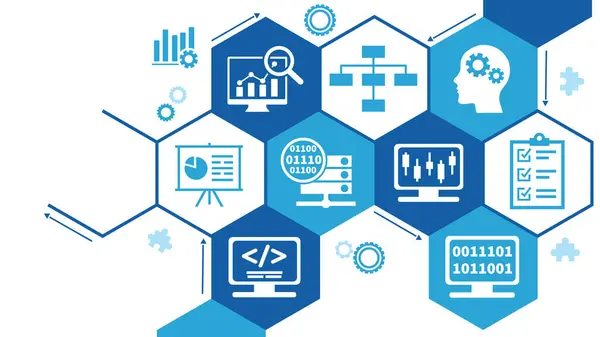 Bilgisayar Bilimi ve içgörü için veri bilim afişi web simgesi, Ai, Büyük Veri, algoritma, analiz, istatistik, bilgi, Derin ve makine öğrenimi. asgari vektör bilgi kavramı.