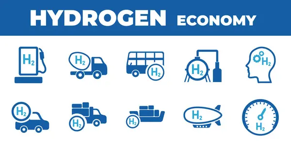 Hidrojen ekonomisi vektör çizimi. Yakıt olarak hidrojen kullanımı, endüstriyel süreçler, hidrojen depolama ve taşımacılığıyla ilgili bağlantılı simgelerle kavram