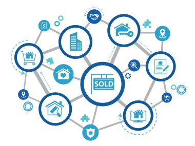 Real estate vector illustration. Concept with connected icons related to property sales and listings, realtor agency and contractor, residential property, investment, housing project