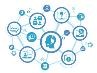 IT destek vektör illüstrasyonu. Bilgi İşlem Yardım Masası, yardım hattı veya yardım hattı, uzaktan veya çevrimiçi teknik destek, teknik yardım, uzman yazılım desteği ile ilgili ikonlar içeren mavi konsept.