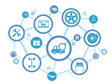 Araba ve oto tamir vektör çizimi. Araba servisi ve teftiş, motor kontrolü, yağ değişimi, otomotiv bakımı, araç veya otomobil tamirhanesi ile ilgili simgelerle kavram.