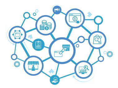 Simgelerle bağlantılı pazarlama kavramı. Tıklama başına ödeme, alıcı, yayıncı, link, reklam, web sitesi, SEO, tüccar. Web vektör bilgisi