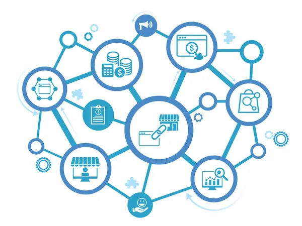 Simgelerle bağlantılı pazarlama kavramı. Tıklama başına ödeme, alıcı, yayıncı, link, reklam, web sitesi, SEO, tüccar. Web vektör bilgisi