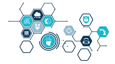 Yapay zeka motorları, yapay zeka dijital pazarlama, SEO otomasyonu. Vektör illüstrasyonu