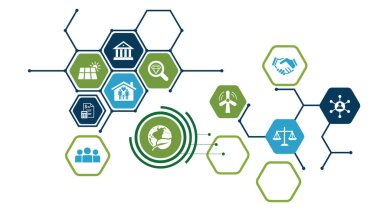 İş ve organizasyon için ESG kavramı, Çevre, Sosyal, Yönetim ve sürdürülebilirlik geliştirme kavramı. Infographic, Web Banner. Vektör illüstrasyonu