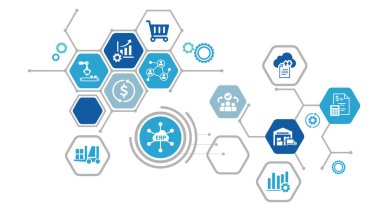 ERP bayrağı. Envanter, mali durum, üretim, hizmet, alım ikonu olan bir girişim kaynak planlaması konsepti. Vektör illüstrasyonu EPS 10.