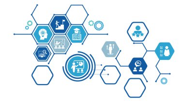 Eğitim, atölye, eğitim, iletişim, tartışma, koçluk, çevrimiçi video, sunum, öğrenme, konferans, öğretmenlik, sınıf içeriyor. Vektör illüstrasyonu