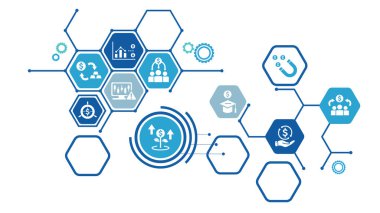 Yatırım simgesi seti. Yatırımcı, yatırım fonu, varlık, risk yönetimi, ekonomi, mali kazanç, faiz ve hisse simgeleri.