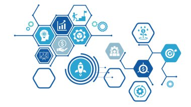 İkona başla - bir iş kur. başlangıç, yeni iş, fikir, yenilik, hedef, planlama, vizyon, bilgi grafiği, şablon, sunum, konsept, bayrak, piktogram, simge seti, simgeler.