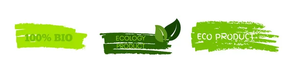 Green Natural Bio Labels Set Three Green Organic Bio Eco — Vector de stock