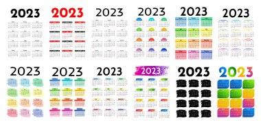 2023 yılı için büyük bir takvim seti beyaz arka planda izole edildi. Pazardan pazartesiye, iş planı. Vektör illüstrasyonu