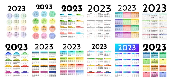 2023年的一大套日历在白色背景上被隔离 周日到周一 业务模板 矢量说明 — 图库矢量图片