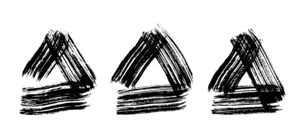 Černé Tahy Štětcem Tvaru Trojúhelníku Sada Tří Malovaných Inkoustových Trojúhelníků — Stockový vektor