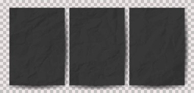 A4 formatında buruşuk siyah kağıt seti. Afişler ve afişler için gölgeli buruşuk boş kağıtlar. Vektör illüstrasyonu