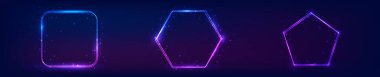 Üç neon çift çerçeve seti. Parlak efektler ve koyu arka planda parıltılar. Boş parlayan tekno fon. Vektör illüstrasyonu