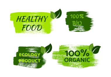 Green natural bio labels. Set of green organic, bio, eco, vegan labels on hand drawn stains. Vector illustration
