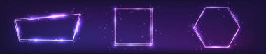 Üç neon çift çerçeve seti. Parlak efektler ve koyu arka planda parıltılar. Boş parlayan tekno fon. Vektör illüstrasyonu