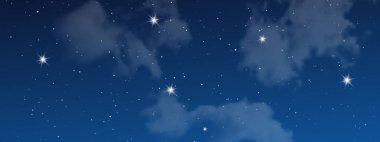 Bulutlu ve yıldızlı gece gökyüzü. Evrenin derinliklerindeki yıldız tozuyla soyut doğa arka planı. Vektör illüstrasyonu.