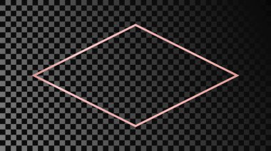 Koyu şeffaf arkaplanda izole edilmiş gül sarısı parlayan eşkenar dörtgen şekilli çerçeve. Parlak efektli parlak bir çerçeve. Vektör illüstrasyonu