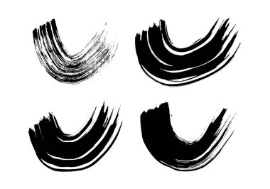 Black grunge semicircular brush strokes. Set of painted wavy ink stripes. Ink spot isolated on white background. Vector illustration