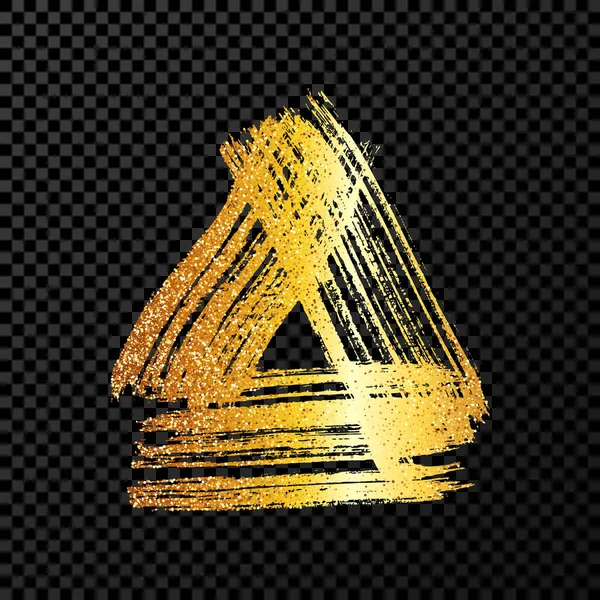 Goldene Grunge Pinselstriche Dreiecksform Bemaltes Tintendreieck Tintenfleck Isoliert Auf Dunklem — Stockvektor