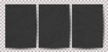 A4 formatında buruşuk siyah kağıt seti. Afişler ve afişler için gölgeli buruşuk boş kağıtlar. Vektör illüstrasyonu