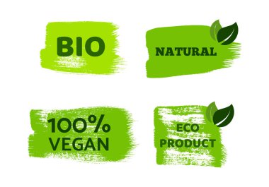 Green natural bio labels. Set of green organic, bio, eco, vegan labels on hand drawn stains. Vector illustration