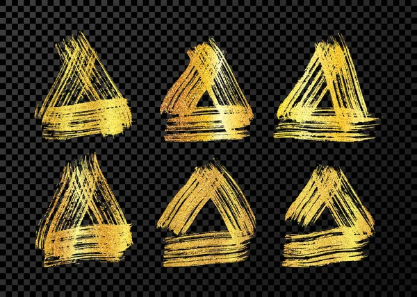 Zlaté Tahy Štětcem Tvaru Trojúhelníku Velká Sada Malovaných Inkoustových Trojúhelníků — Stockový vektor