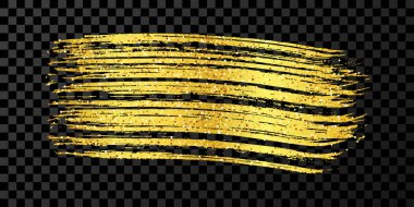 Altın fırça darbesi. El çizimi mürekkep lekesi koyu şeffaf arkaplanda izole edilmiş. Vektör illüstrasyonu